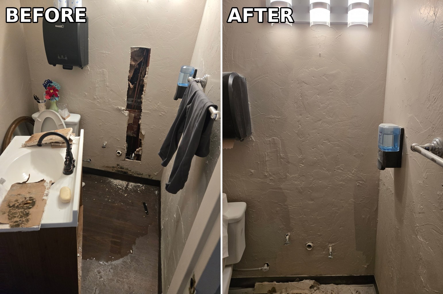 Bathroom leak repair before and after